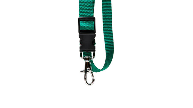 Isolated green fabric lanyard with black plastic buckle and metal swivel snap hook