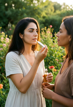 Skincare and natural beauty routine, woman applying organic lip oil with friend in a summer garden at sunset for wellness and self care lifestyle