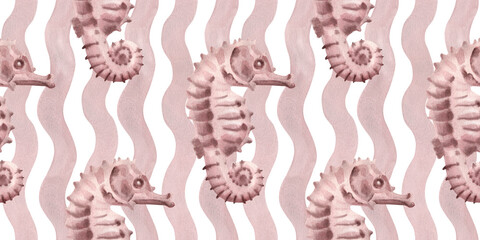 Hand painted watercolor illustration seahorse animal dragon, horse fish, waves wave blush pink seamless pattern. Backgrounds tropical. Artistic marine, coastal decor, design, stationery creative © Nataliia