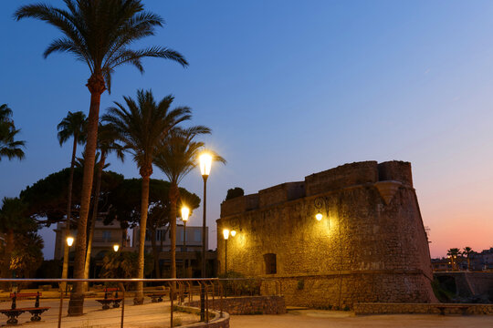 Ancient stone bastion of the Antibes ramparts and palm trees l,French Riviera, Cote d'Azur, France