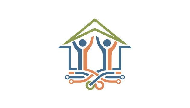 Creative house logo featuring abstract human figures with raised arms forming a roof and digital circuit lines at the base for smart home.