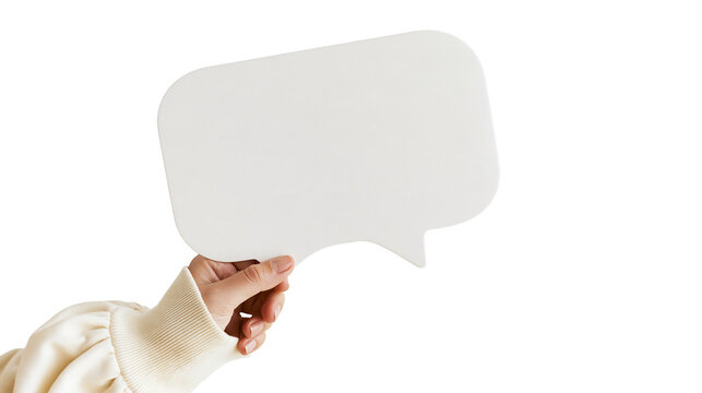 Isolated hand holding a blank white speech bubble ready for text message or comment