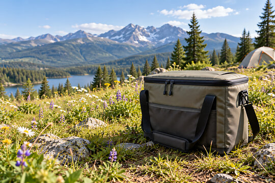 Outdoor cooler on a grassy hillside overlooking a lake and mountains with outdoor gear food storage ice chest mountain range portable adventure appliance container insulated beverage