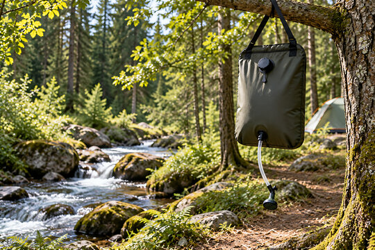 Portable water bag hanging from a tree next to a flowing stream in a forest with outdoor gear water storage drinking water hydration portable container adventure backpacking expedition