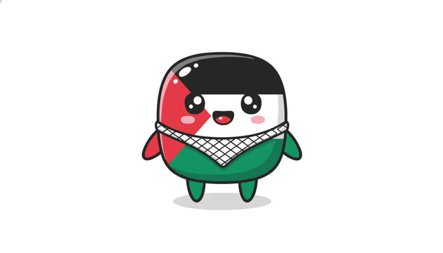 Adorable chibi character styled like the Palestine flag wearing a traditional keffiyeh scarf and smiling happily.