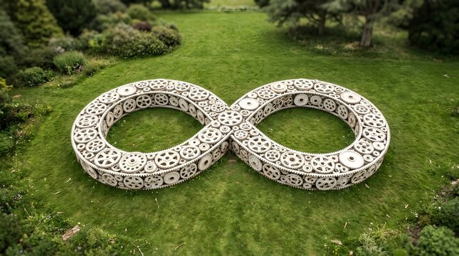 Aerial view of two rings formed by books arranged on a green lawn