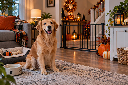 Golden retriever dog sitting in a decorated living room for fall and halloween with fall decorations dog bed autumn decor seasonal decor holiday decor home decor interior decor dog indoors