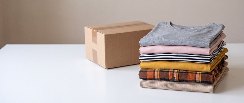 Stack of folded clothing garments beside a cardboard shipping box on a white table surface