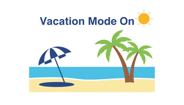 Summer vacation mode on vector illustration featuring tropical palm trees, a beach umbrella, golden sun, and blue ocean waters.