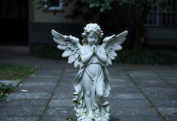Obraz premium Spirituality and peace stone angel statue with praying hands in a quiet garden setting for memorial funeral and religious reflection concepts