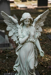 Obraz premium Grief and mourning concept, stone angel statue with wings in a cemetery for funeral services, memorial tribute and remembrance of the deceased
