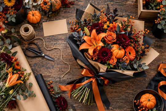 A rustic wooden table set with a autumn bouquet and seasonal decorations like pumpkins and dried flowers fall flowers autumn decor orange flowers dark red flowers fall colors seasonal arrangemen
