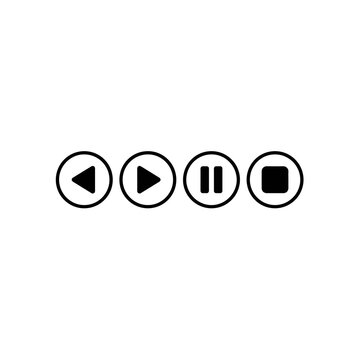 Media Player Control Buttons Vector Icon Set, Minimalist Circular Play Pause Stop and Rewind Symbols for Video and Audio User Interface
