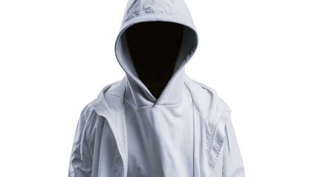 Isolated mysterious figure in light grey hooded jacket, face hidden in shadow, enigmatic presence.