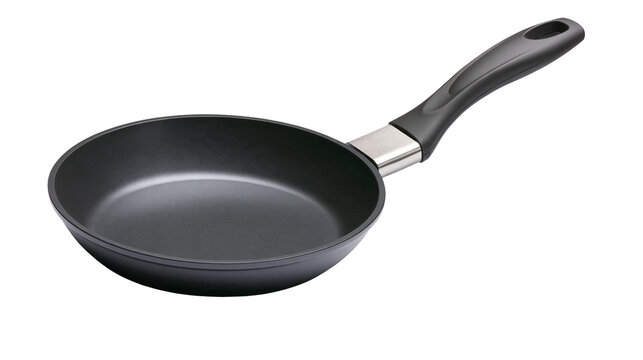 Isolated empty dark gray non-stick frying pan, essential kitchen cooking utensil