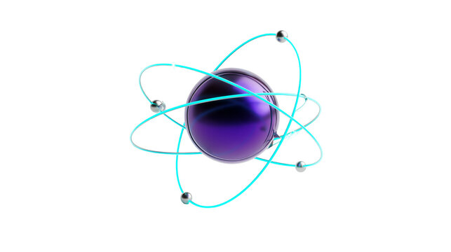 Isolated abstract 3D atom model with orbiting blue electrons and a glossy purple nucleus.