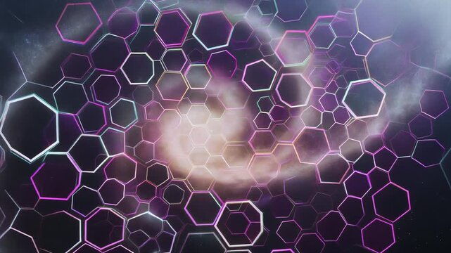 A cosmic nebula forms a swirling vortex amidst a vibrant network of glowing hexagonal cells, evoking the interconnectedness of the universe and the intricate structures found within the vast