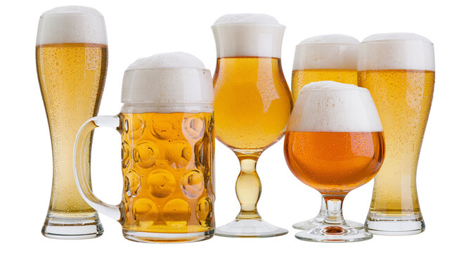 Isolated collection of various refreshing golden lagers and ales in diverse glass types