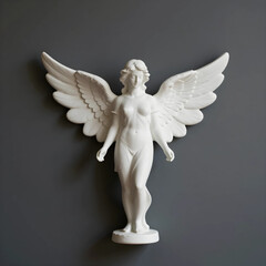 Obraz premium Spirituality and religion concept, white angel statue with spread wings on a dark grey wall for interior design and spiritual healing background decor