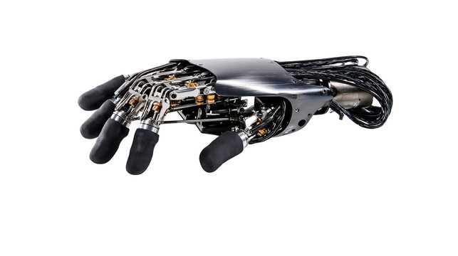 Isolated bionic robotic hand, advanced technology, artificial intelligence, cybernetics, future concept.