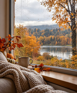 Cozy autumn interior viewed through a rain-covered window, featuring a ceramic mug, knitted blanket, golden foliage and peaceful lake landscape in soft overcast light.