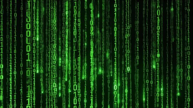 Digital cascading streams of glowing green binary code descend against a dark expanse, evoking a sense of futuristic data flow and complex technological operations