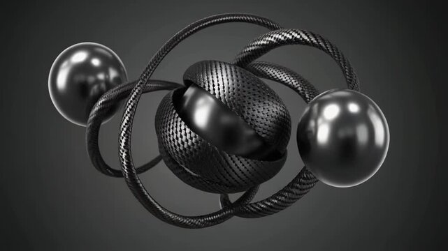 Intricate metallic spheres and textured coils create a dynamic, abstract arrangement with a sense of complex interconnectedness and futuristic design that evokes a sense of advanced engineering