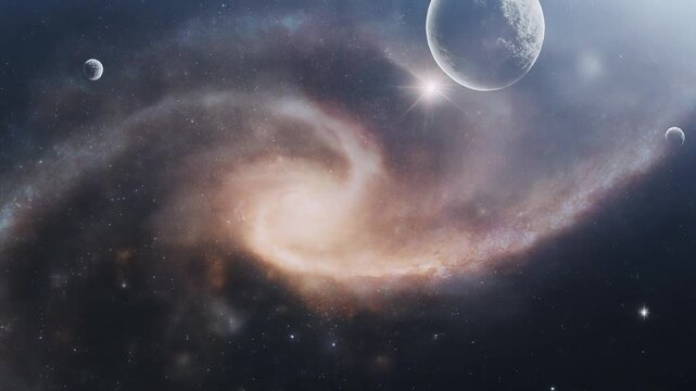 Vast cosmic spectacle unfolds with a mesmerizing spiral nebula, luminous stars, and distant celestial bodies creating an awe-inspiring vista of the infinite universe and its celestial wonders