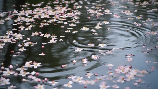 Delicate pink petals gracefully drift and create serene ripple patterns across the tranquil surface of dark water, evoking a sense of peaceful springtime beauty and natural fluidity in this