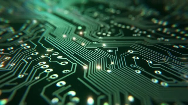 Intricate green circuitry patterns shimmer with internal illumination, showcasing the complex pathways and connections of advanced electronic engineering and technological innovation powering
