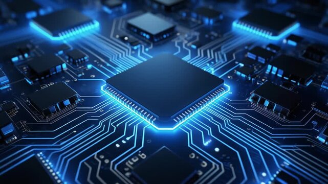 Intricate network of glowing blue circuit pathways and processing units forms a complex technological landscape, suggesting advanced computing and future innovation powering our interconnected