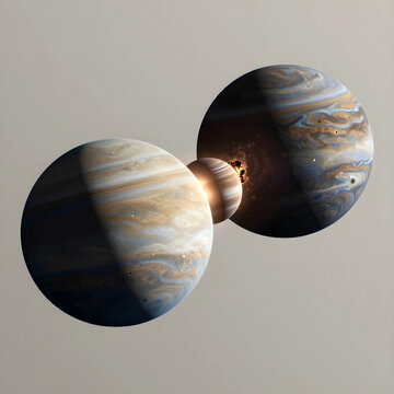 Planetary collision and cosmic impact, massive gas giant planets colliding in deep space with debris and explosion in the dark universe