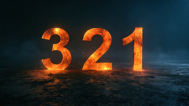 Large glowing numbers three, two, one appear in sequence on a dark banner, creating a countdown effect for a launch concept.