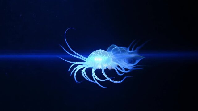 A bioluminescent deep-sea creature with glowing tendrils illuminates the oceanic abyss, showcasing nature's ethereal and mysterious aquatic bioluminescence in a dark, vast marine environment