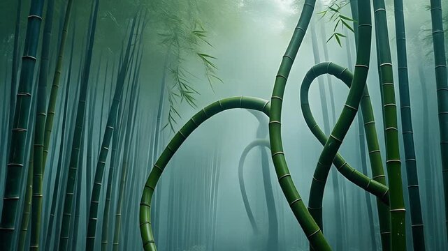 Ethereal bamboo stalks create an enchanting, verdant forest atmosphere with gracefully curving stems reaching towards the hazy sky, evoking tranquility and natural beauty