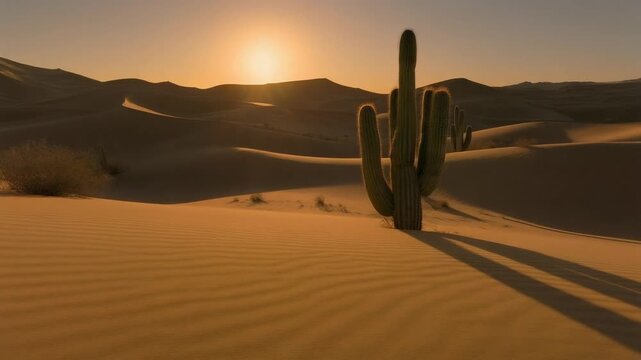 Golden hour sun casts long shadows across rippling sand dunes in a vast desert landscape, illuminating a solitary saguaro cactus standing tall against the warm, fading light of dusk