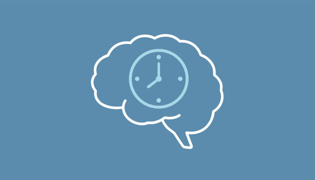 Outline of a human brain with a clock icon inside, symbolizing time management, cognition, and mental health awareness.