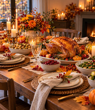 Thanksgiving dinner table with roasted turkey, pumpkin pie, seasonal vegetables and autumn decor, warm candlelight and elegant rustic table setting for holiday food advertising.