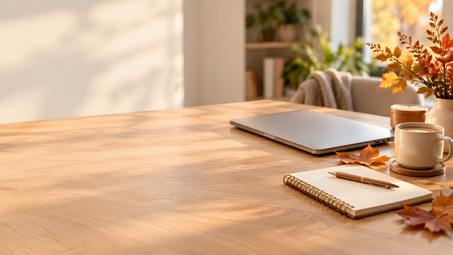 Elegant autumn home office desk with laptop, notebook, coffee and fall leaves, warm natural light and generous copy space for business, marketing and seasonal advertising.