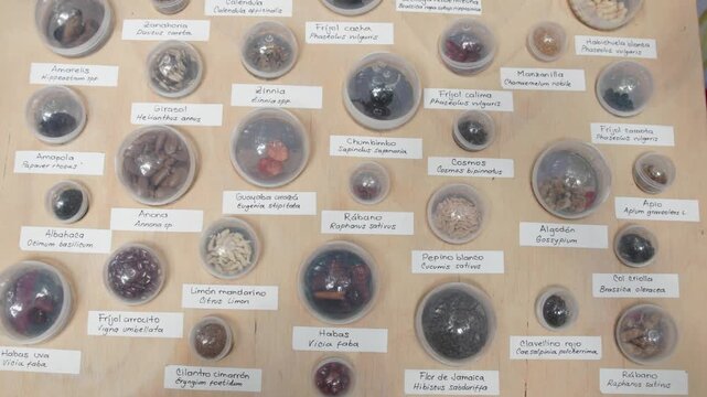 Wide shot of botanical seed collection displaying Latin species names in transparent capsules 60fps 4k