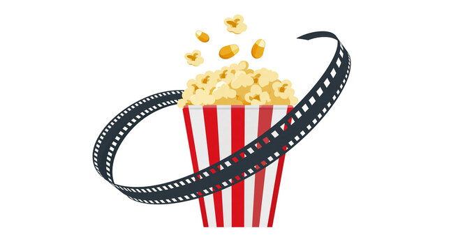 Isolated delicious movie popcorn in striped box with scattered kernels and film reel