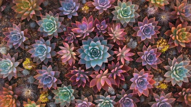 A vibrant overhead perspective showcases a dense tapestry of diverse, vividly hued succulent plants, their geometric forms intermingling in a richly textured natural arrangement on the earth