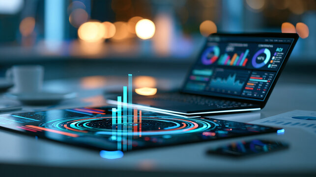Holographic dashboard showing advertising spend, conversion rate, customer acquisition cost and ROI, digital marketing analytics, budget optimization, business intelligence,