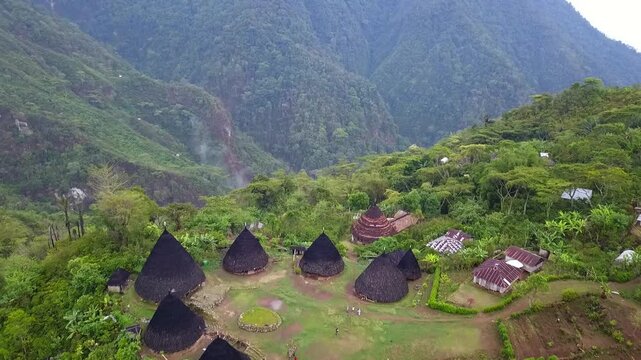 Aerial drone around unique Mbaru Niang traditional village in Manggarai