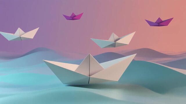 Origami paper boats gracefully navigate across a vibrant, undulating water surface beneath a breathtaking gradient sky transitioning from soft pinks and oranges to gentle purples and blues