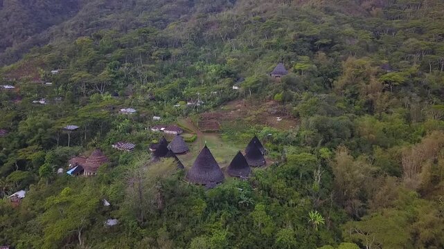 aerial perspective of circular village layout and cone roofs in Wae Rebo