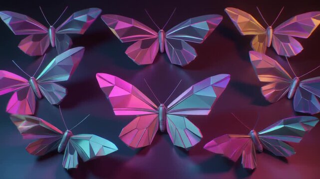 An artistic arrangement of polygonal, geometric butterflies with iridescent, prismatic wings shimmer with vibrant, glowing neon hues creating a fantastical, ethereal, and luminous display