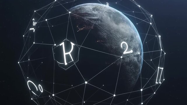 A luminous digital network encircles a celestial sphere exhibiting cosmic constellations and astronomical data points, representing global connectivity and scientific discovery within the vast