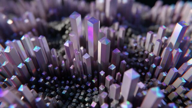 Emerging crystalline formations shimmer with iridescent purple and pink hues, resembling a surreal, abstract landscape of geological wonder, evoking a sense of mystical depth and ethereal beauty