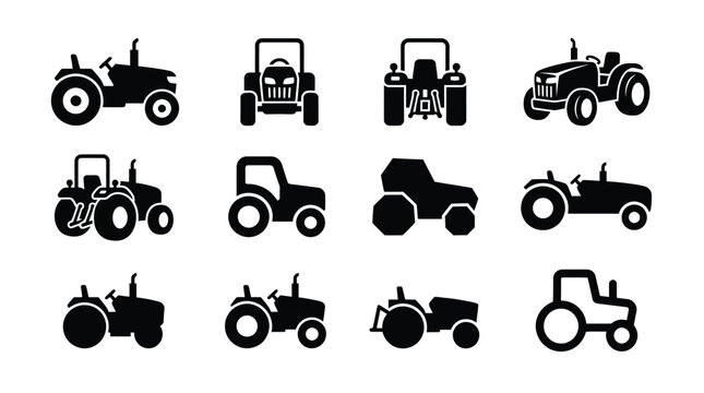 Collection of various farm tractor and utility vehicle icons with transparent backgrounds